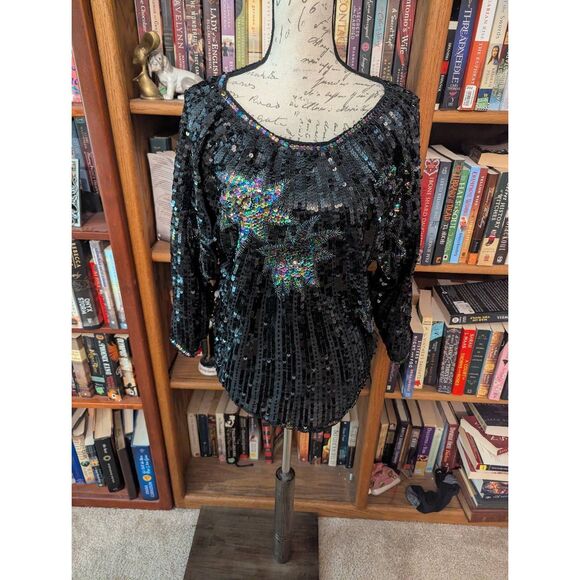 Vintage 80s 90s Silk Handbeaded Womens Size XL Sequin Blouse Top Shirt New Years - Picture 2 of 5